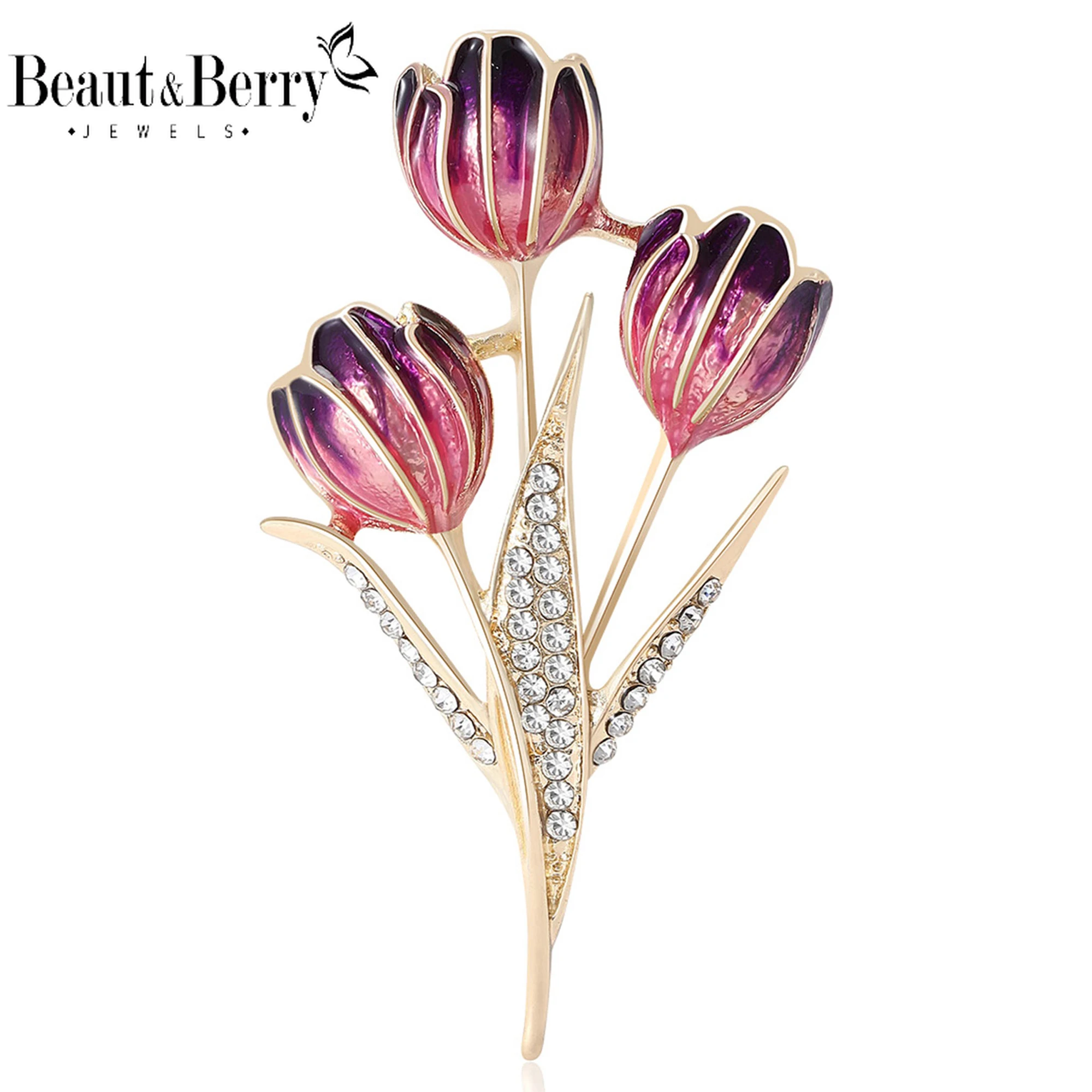 Beaut&Berry Luxury Rhinestone Tulip Flower Brooches for Women Unisex Enamel Plant Pins Casual Party Accessories New Gifts Friend