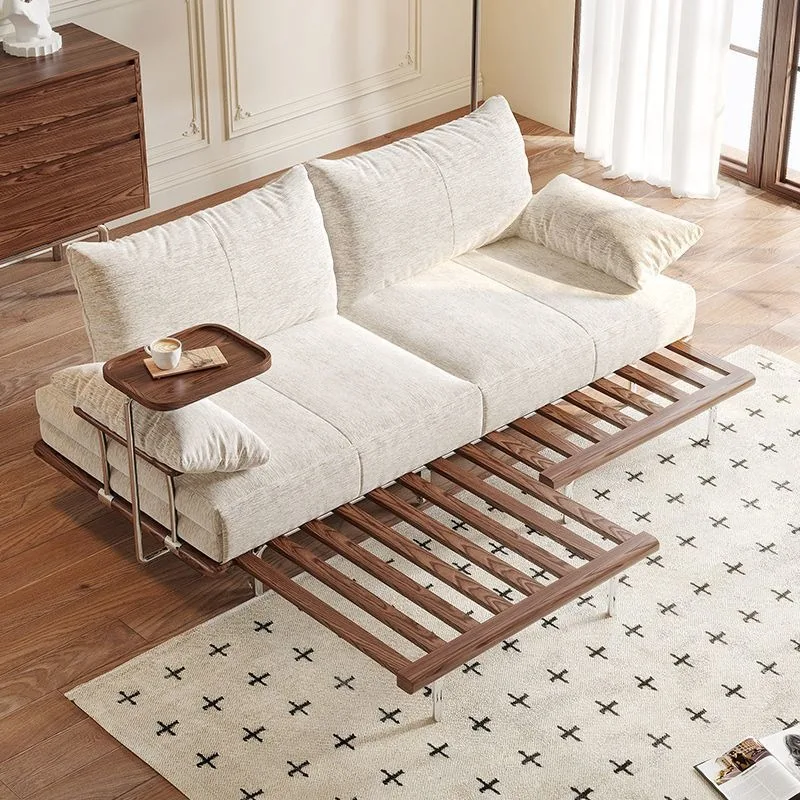 New sofa bed folding foldable dual-purpose antique living room 2025 retractable small apartment double multi-functional wood