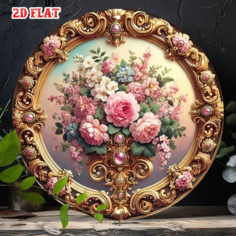 2D Flat - One-Piece Luxurious 2D Flat Round Aluminum Sign Featuring Elegant Floral Design, Rustic Metal Wall Art for Home Deco