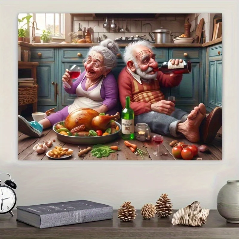 1000pcs Jigsaw Puzzle - Elderly Couple Dining Together, Vintage Kitchen Table Scene with Roasted Turkey, Vegetables & Wine - R
