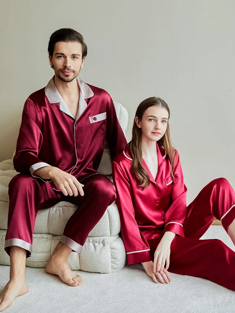 100% Mulberry Silk Couple Pajamas Set Valentine Anniversary Gift PJS Family Matching Pajama Suit Sleepwear for Women and Men PJ