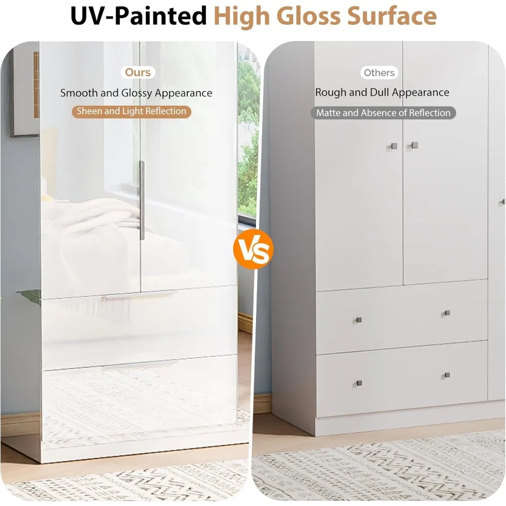 63" W x 72" High Gloss Wardrobe Closet with Mirror Doors and Drawers, 4 Door Armoire Wardrobe Closet with Drawers, Large White image 5