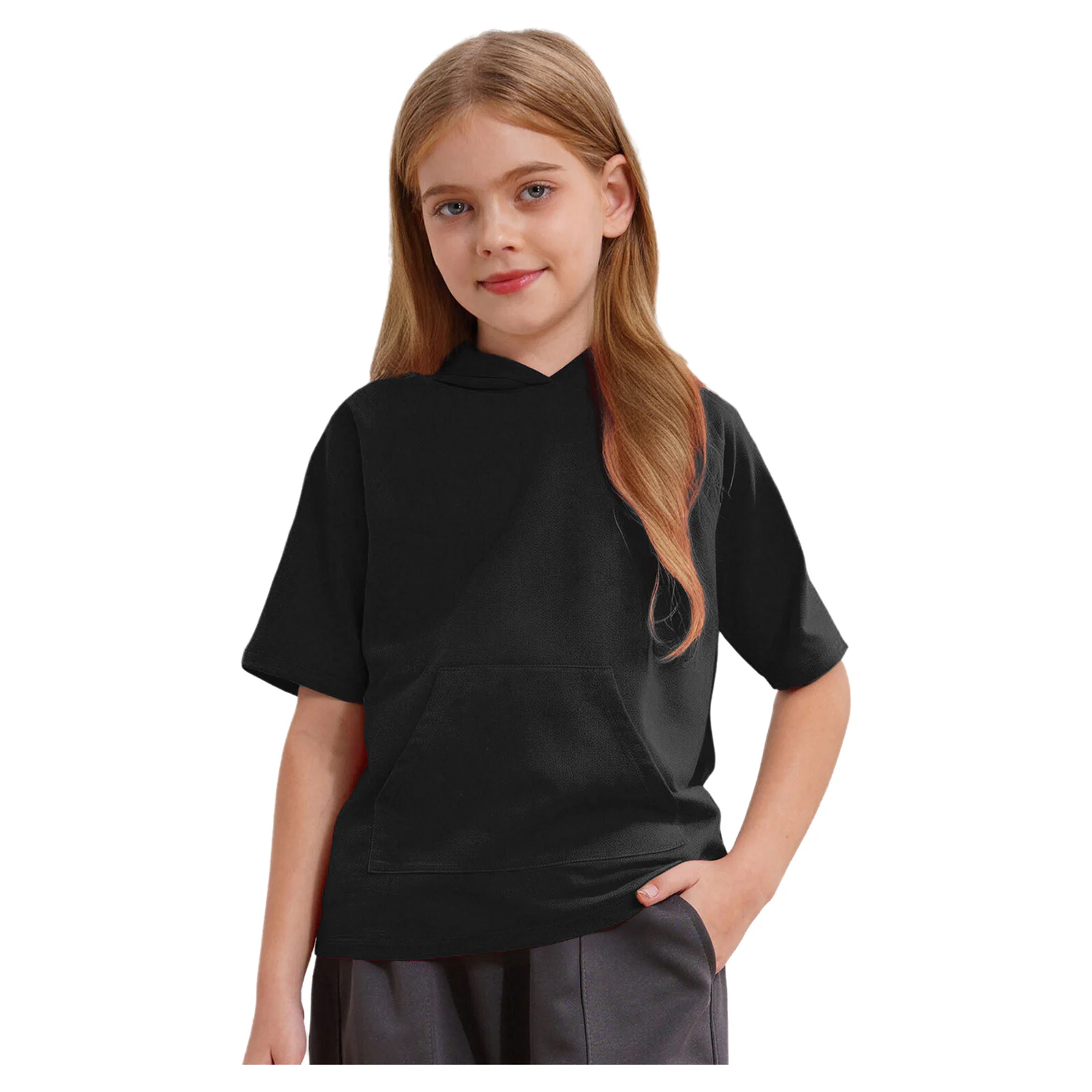 

Kids Unisex Boys Girls Fashion Short Sleeve Hoodie Casual Solid Color Hooded Pullover T-shirt with Pocket for Casual Daily Wear