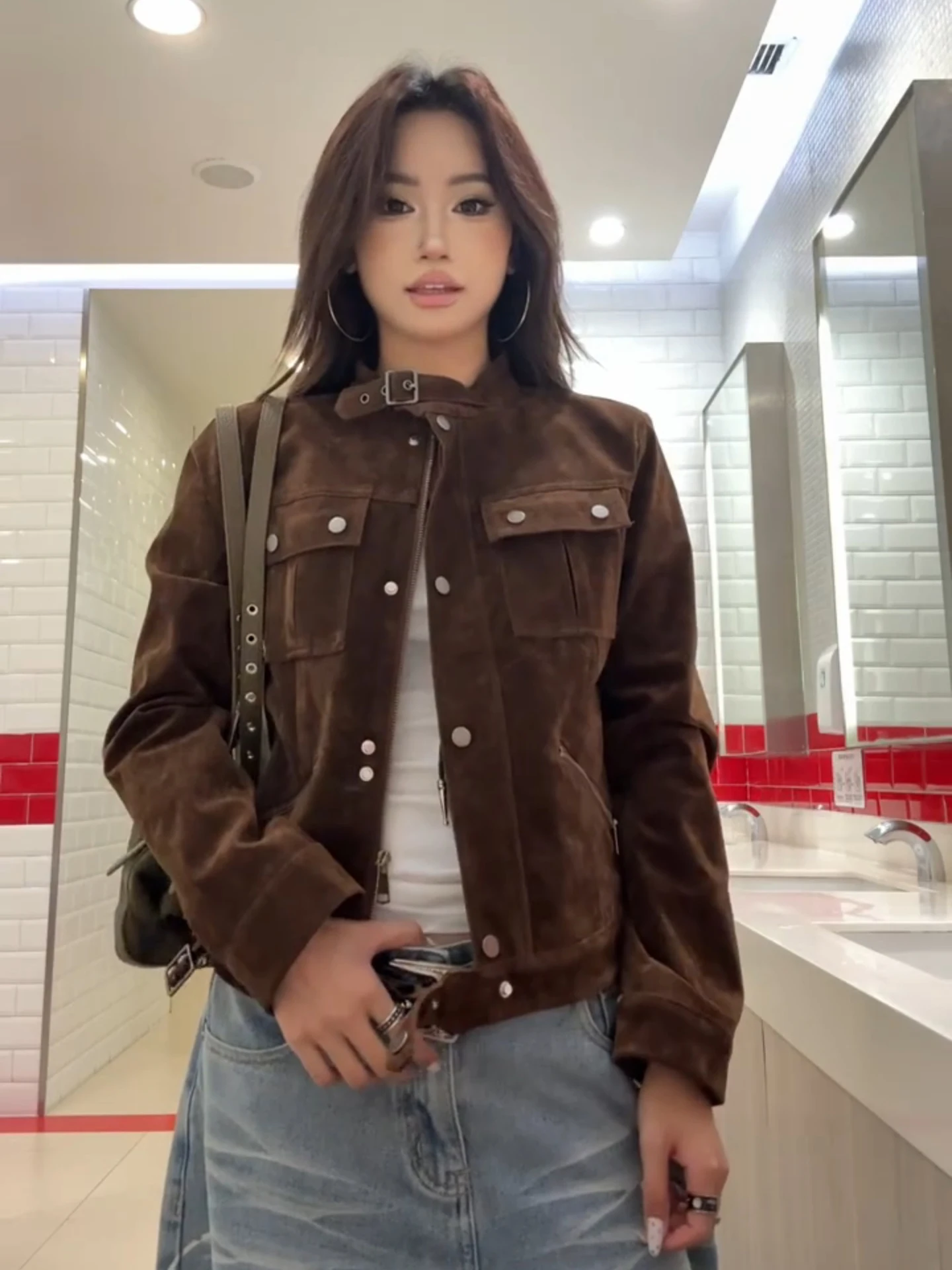 Retro American Brown Suede Biker Jacket Women's Spring Loose Slim Short Top Commute Style Long Sleeve Pure Color Button Closure