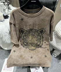 Rhinestone Tiger Women's T-shirt Plus Size 4XL Tops for Women Large Size Summer Short Sleeve Big SizeGraphic T Shirt Trend 2024