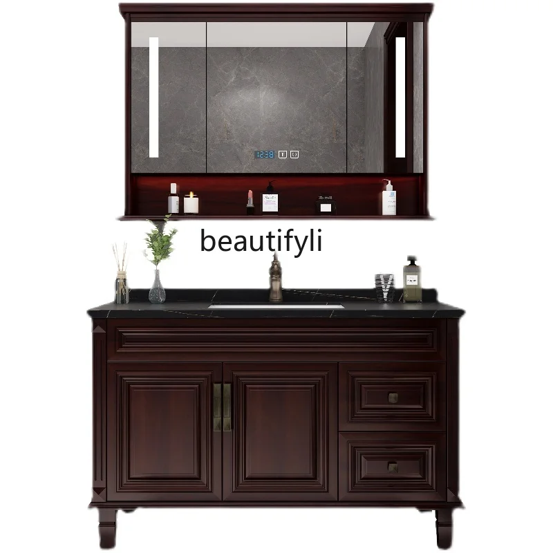 Chinese Style Solid Wood New Chinese Style Hand Washing and Face Washing Washstand Ceramic Whole Washbin Bathroom Cabinet