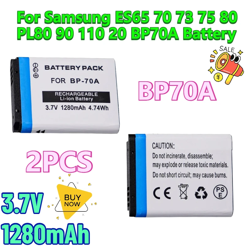 

2PCS 3.7V 1280mAh Camera Batteries for Samsung ES65 70 73 75 80 PL80 90 110 20 BP70A Battery
