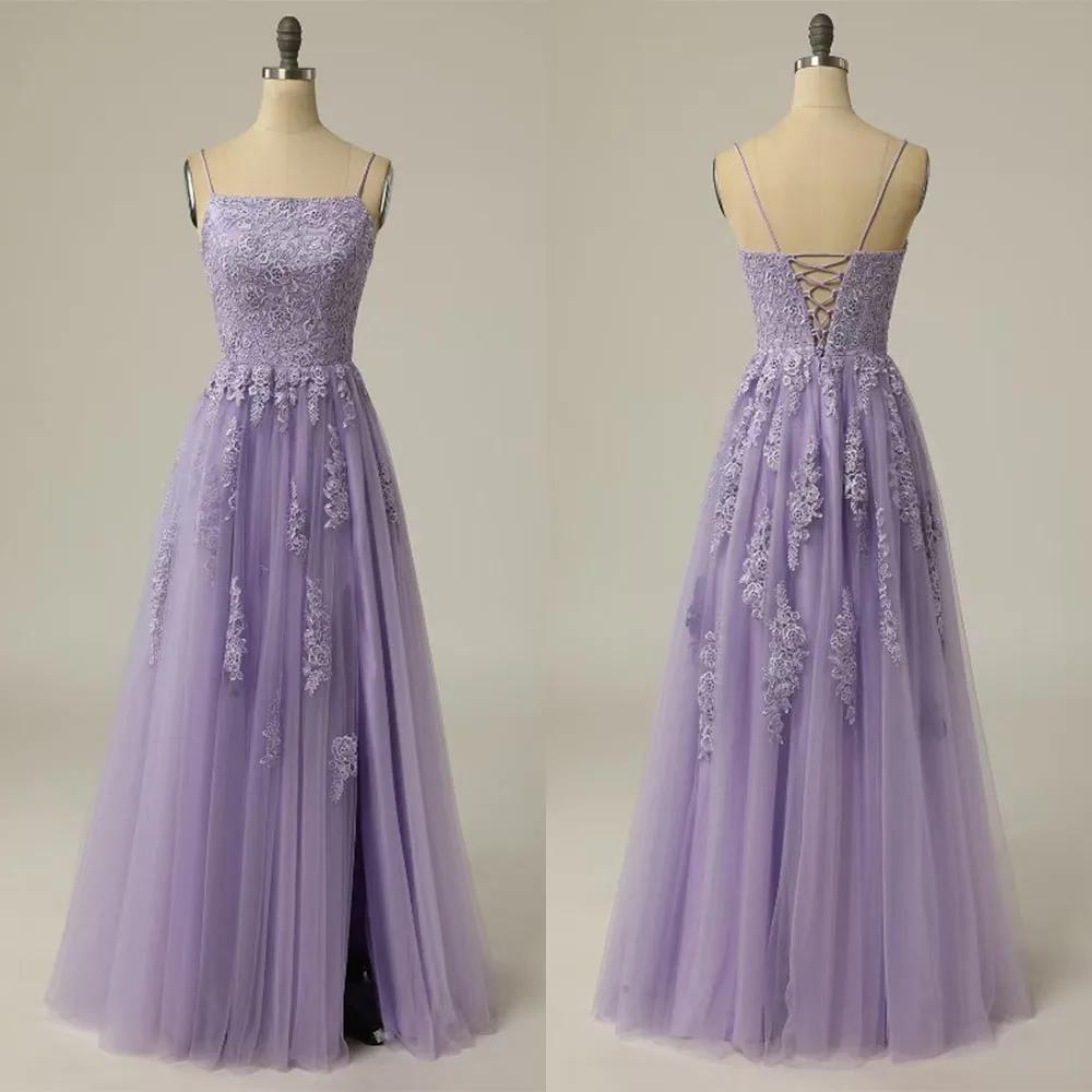 

High Quality Customized Thin Suspenders Floor Length Appliques High Fork Sleeveless Elegant Dress Women for Wedding Party فساتين