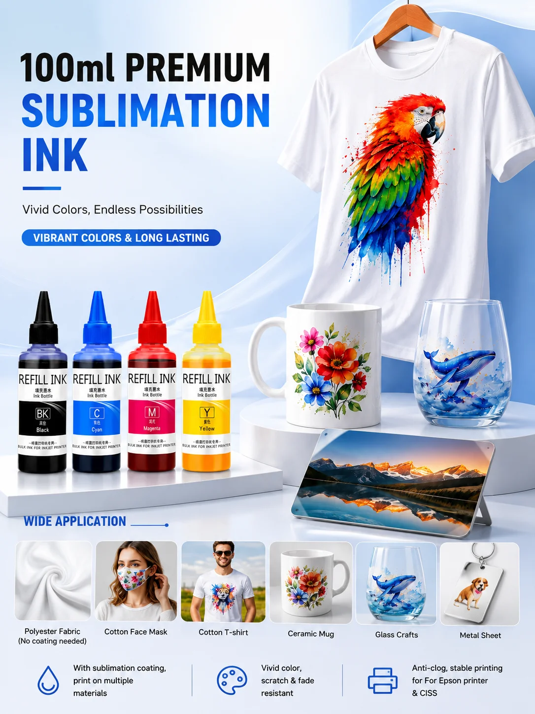 Universal Sublimation ink with Coating for Epson desktop printer heat transfer for T-shirt face mask cotton Mugs 100ml