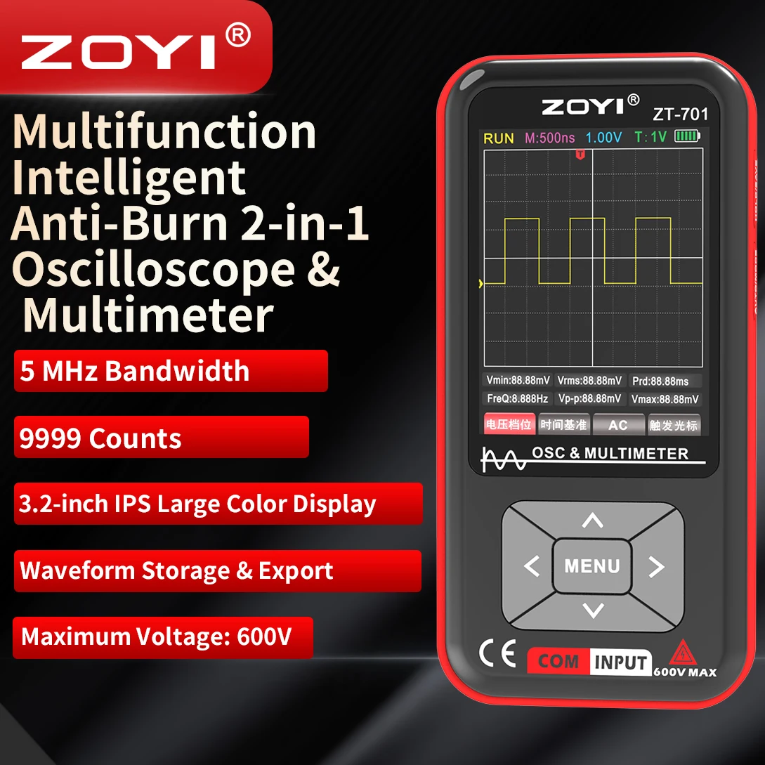 

Цифровой осциллограф-мультиметр ZOYI ZT-701 5 МГц 2-в-1, портативный высокоточный осциллограф с защитой от пробоя, карманный электронный прибор
