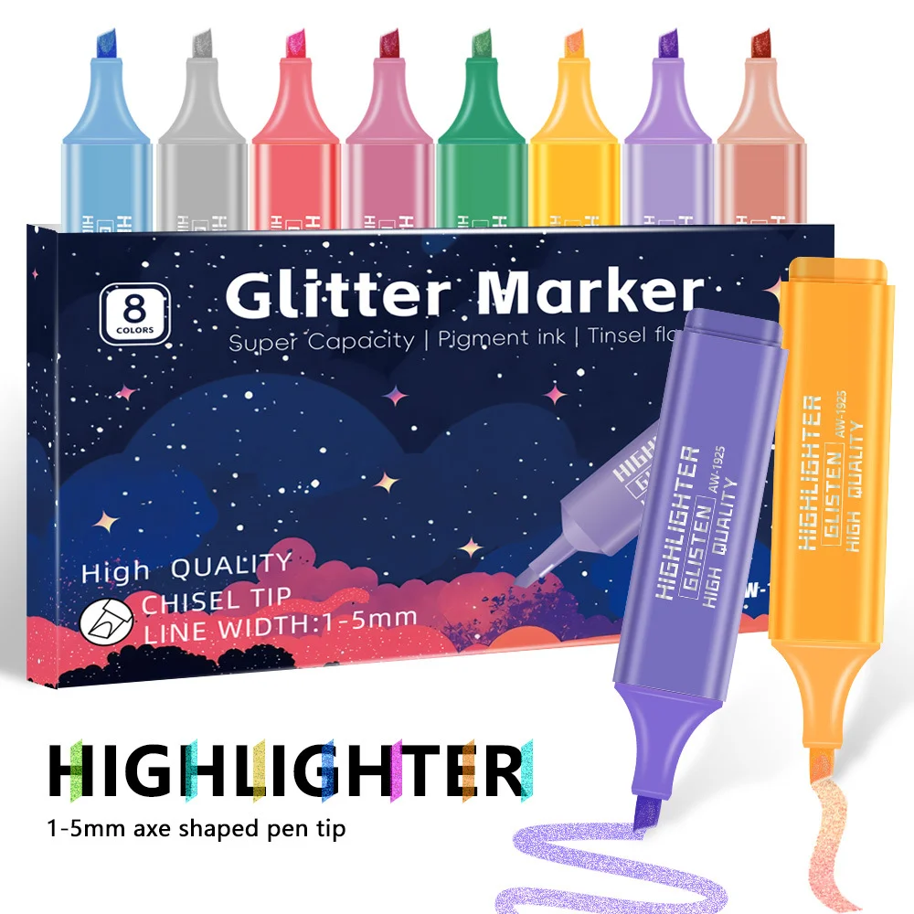 

8 Colors Glitter Highlighter Painting Doodle Handbook Journal Creation Greeting Card Design School Office Stationery Art Markers