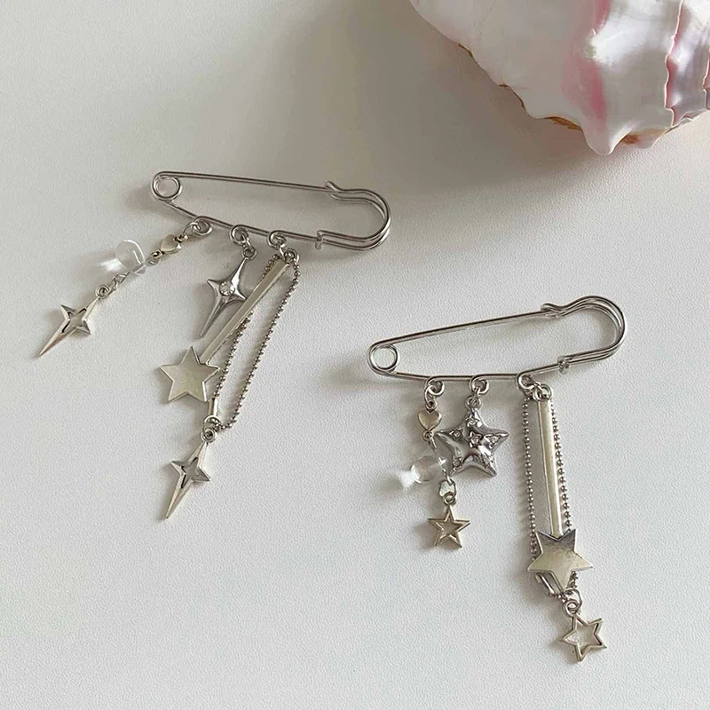 1 قطعة فريد Y2K الفضة ستار على شكل المشبك دبوس سلسلة شارة بروش دبوس قلادة الزي الموضة الحلو بروش كليب حقيبة قلادة سحر #4
