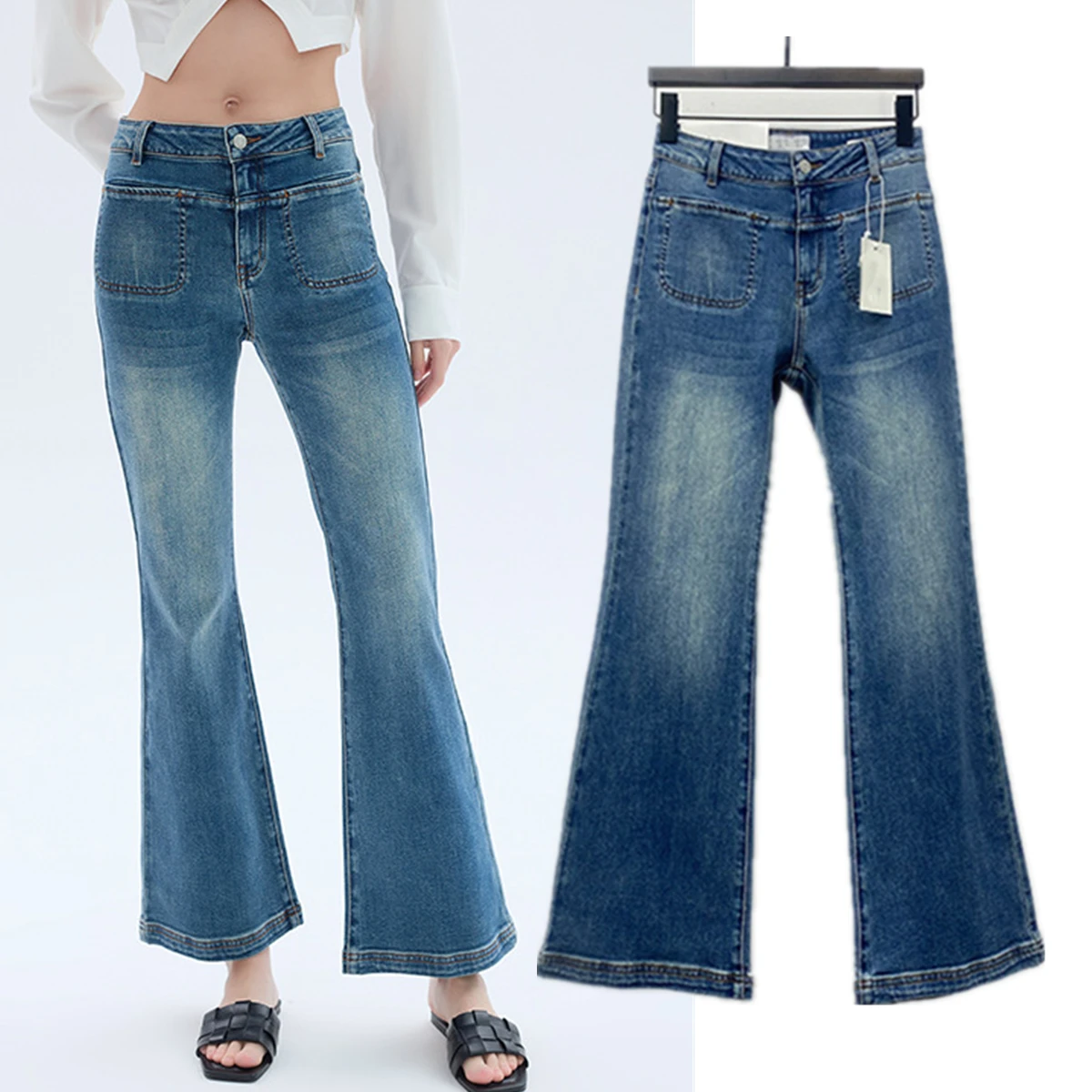 

Withered French Fashion Women's Cotton Blue Mid-waist Flared Denim Pants Elastic Patch Pocket Slim Fit Jeans For Women