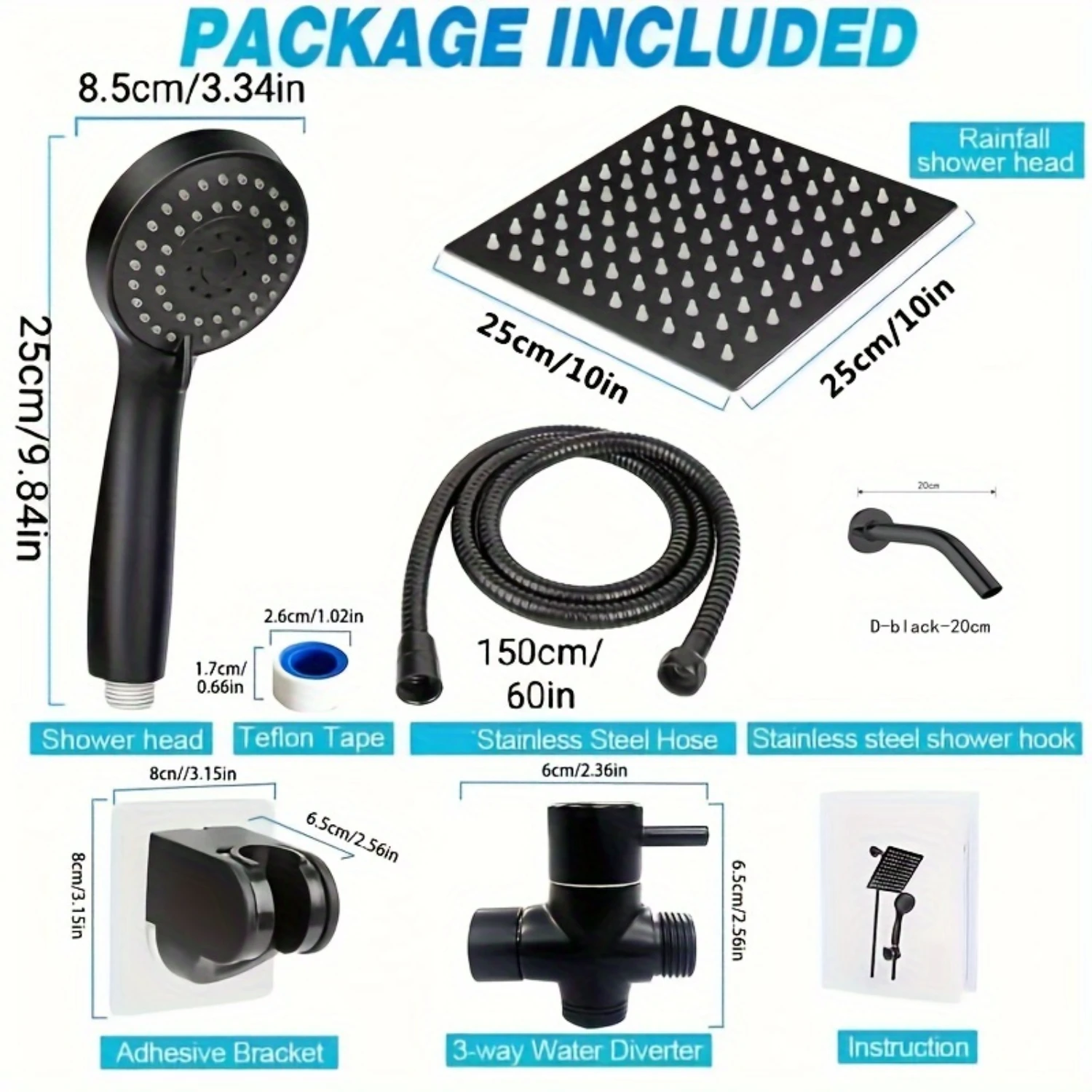 1 Set Shower Head Set, High Pressure 8'' Rainfall Stainless Steel Shower Head, Handheld Combo With 60'' Hose Anti-leak Shower He