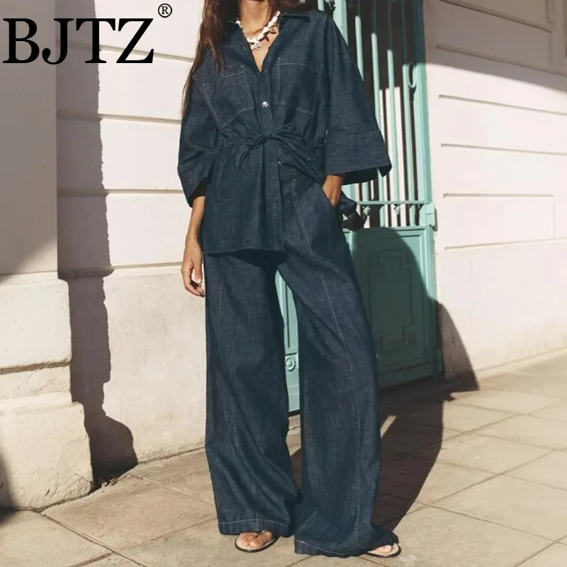 

BJTZ 2025 Spring Summer Women's Belted Denim Set Jacket & Wide Leg Pants Two Piece Casual Chic Streetwear Outfit Lightweight