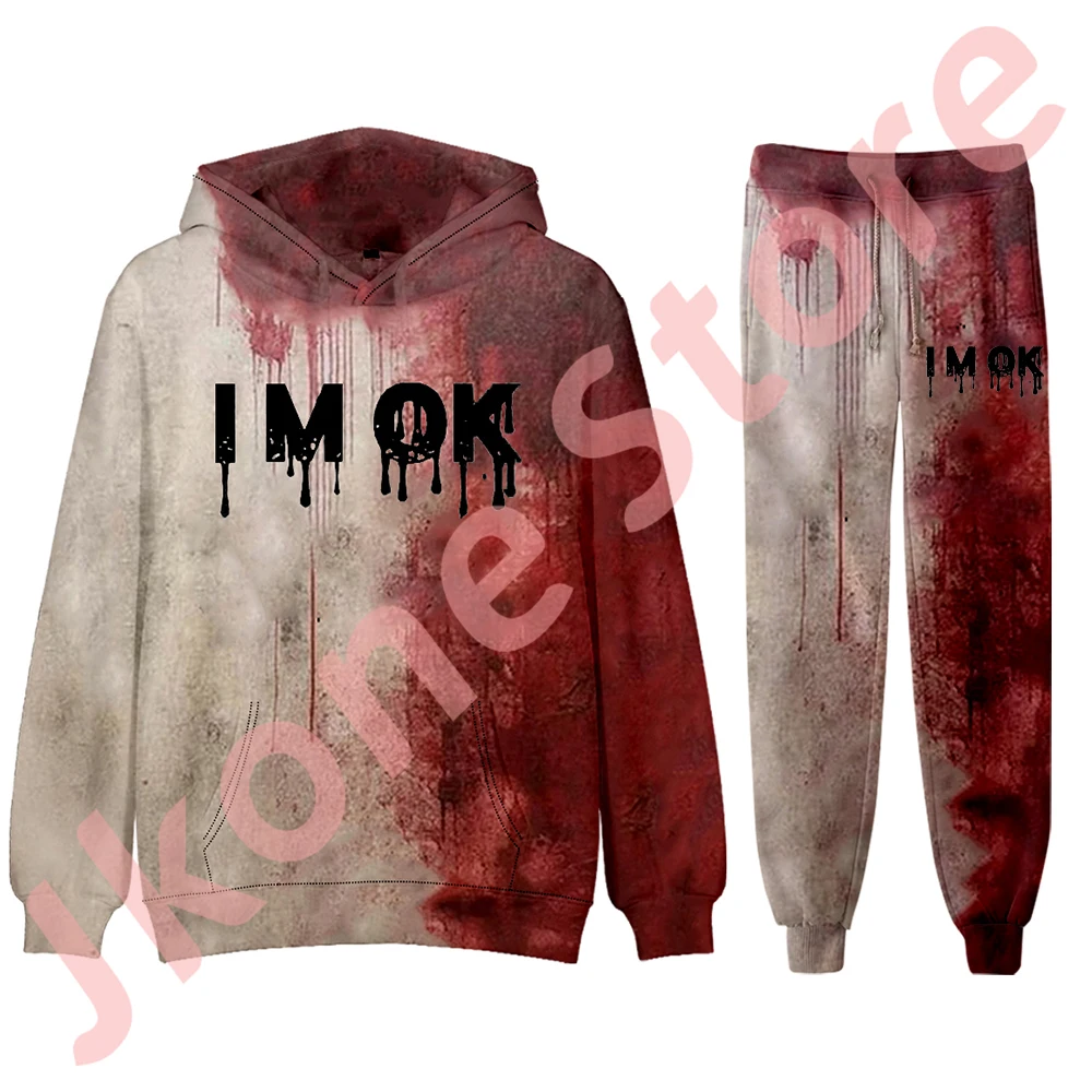 I'm OK Bloody Logo Hoodies Jogger Pants Halloween Blood Horror Merch Cosplay Women Men Fashion Streetwear Set