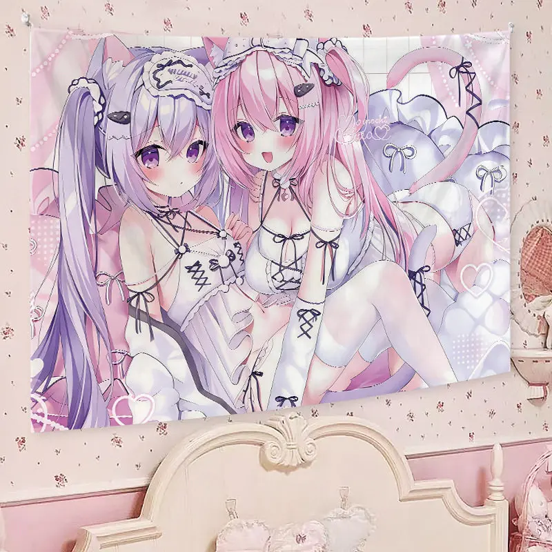 Sweet Kawaii Pastel Cat Ear Anime Girls Wall Tapestry Lolita Bow Heart Art Wall Hanging Cute Manga Style for Dorm Bedroom Living