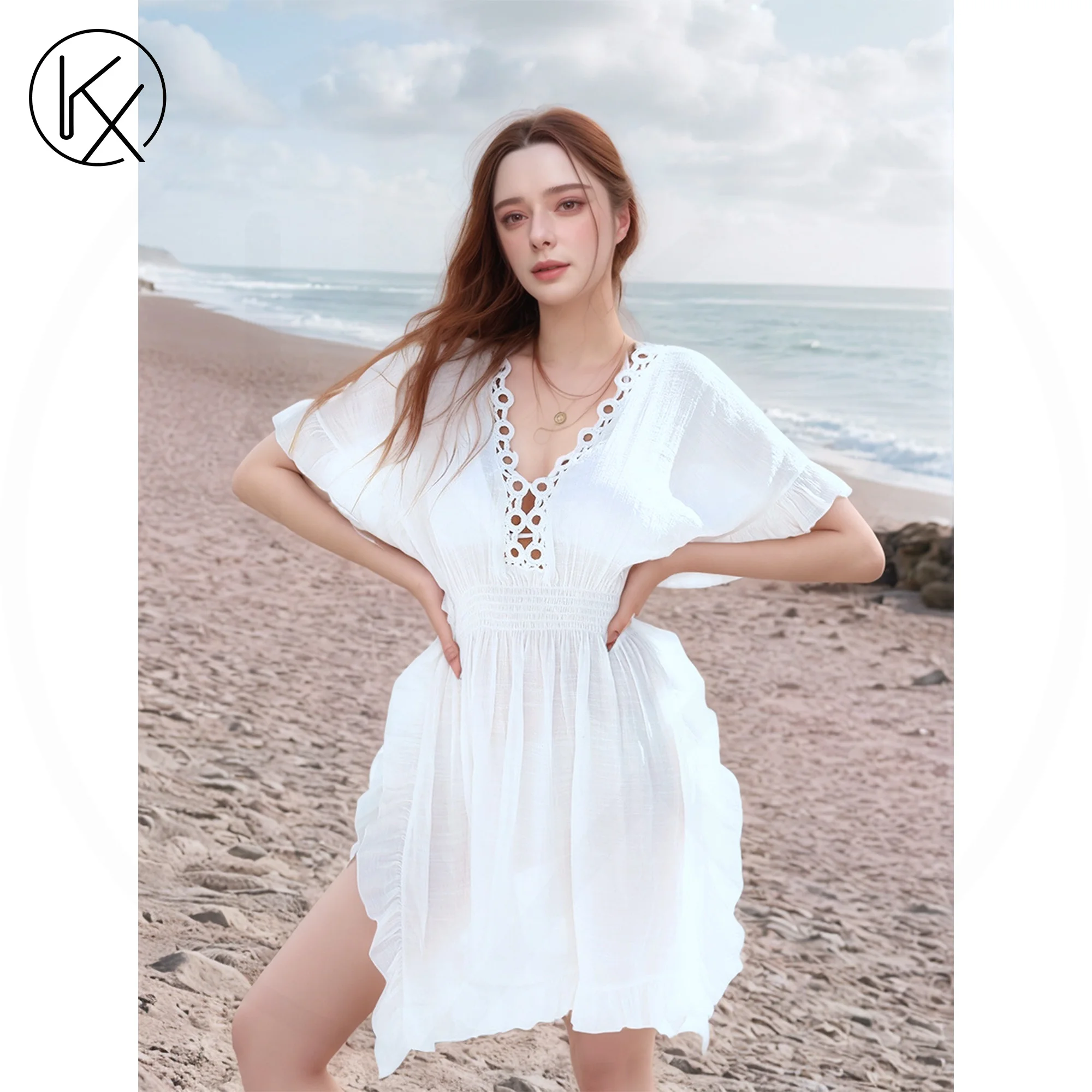 

kaixiggmm Sexy V-neck white short sleeved cotton beach dress waist cinching coat beach cover shirt beach outfit