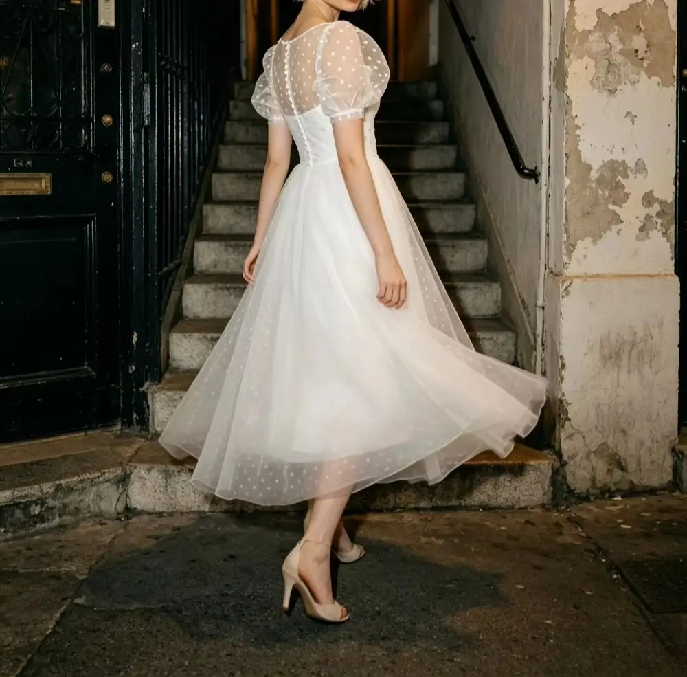 Customized 2026 Vintage Transparent Short Sleeved A-line Wedding Dresses Elegant Chiffon Bridal Gown Suitable for Receptions