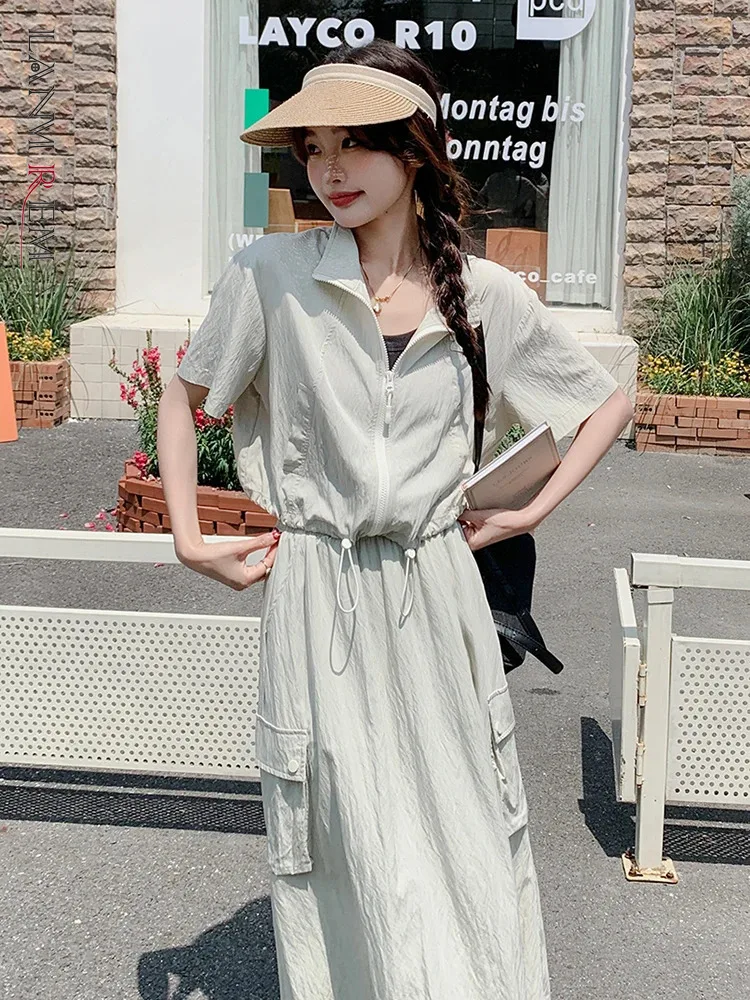 LANMREM Safari Style Two-piece Set Women Lapel Short Sleeves Zipper Design Tops With Elastic Waist Skirt 2024 Summer New 2Z1679