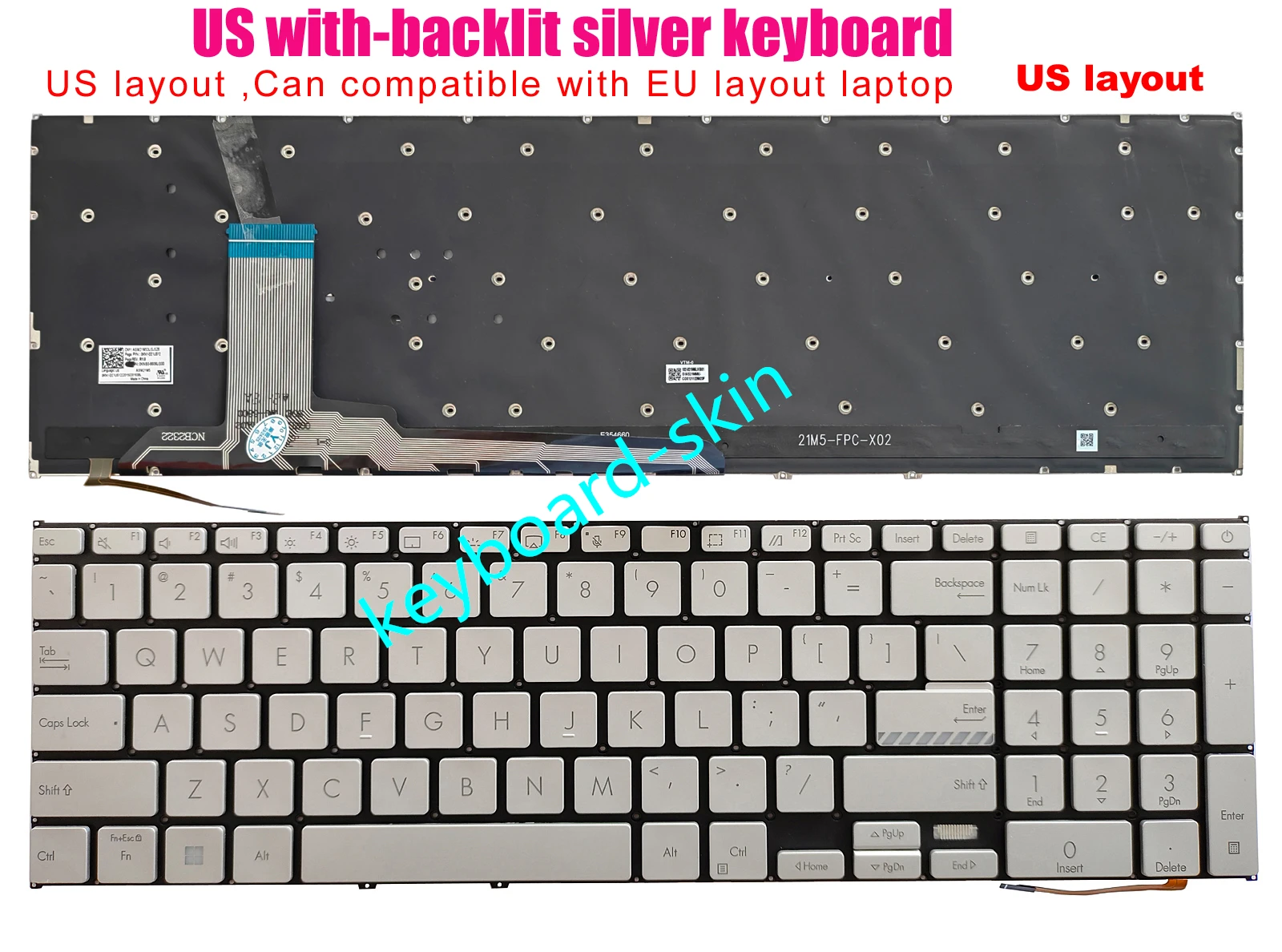 

New Silver US backlit Keyboard for ASUS VivoBook X1702 X1702Z X1702ZA X1703 X1703Z X1703ZA laptop