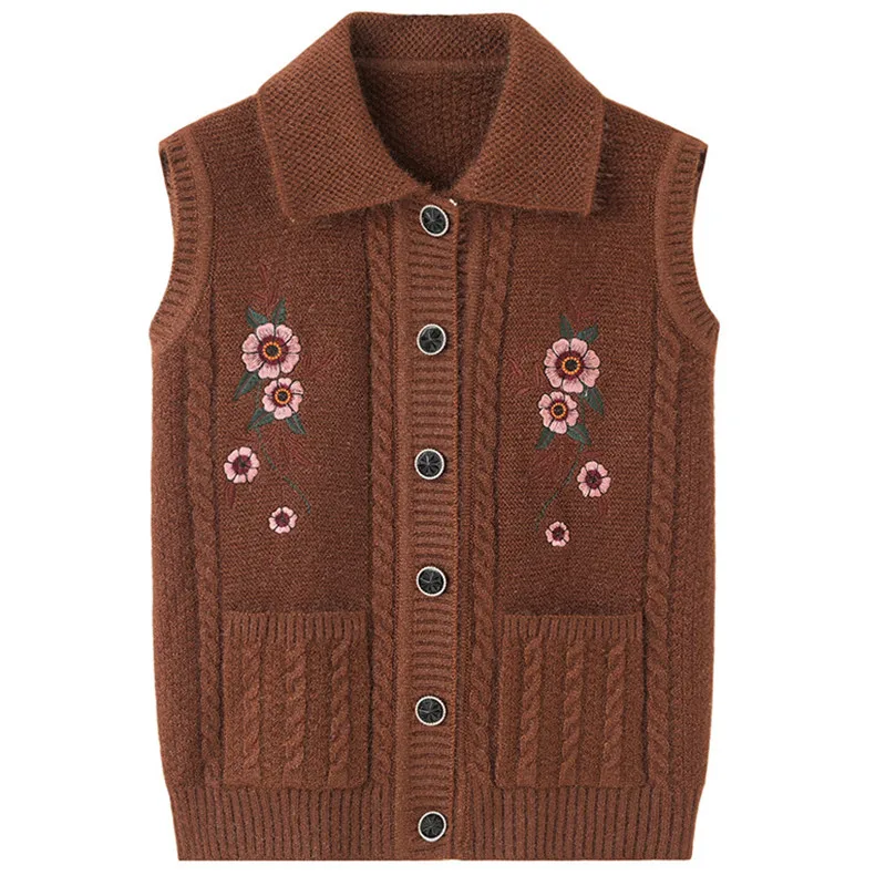 

Embroidered Middle-Aged Elderly Women's Sweater Vest Spring Clothes Grandma's Winter Cardigan Vests Mother Knit Tops JJ75