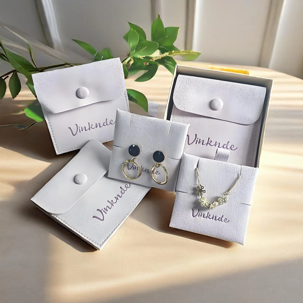 

Custom Logo Jewelry Rings Bags Microfiber Snap Bag Jewelry Earrings Necklace Pouch Gift Pouches with Insert Hardboard Cards Pads