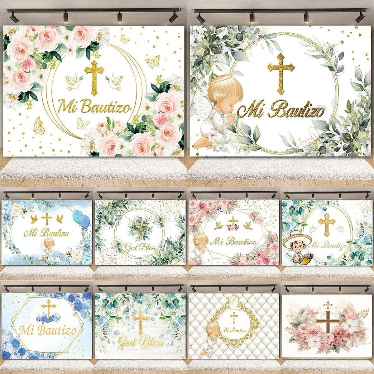 

My First Holy Communion Background God Bless Baptism Christening Crucifix Chalice Gold Glitter Personalized Poster Photo studio