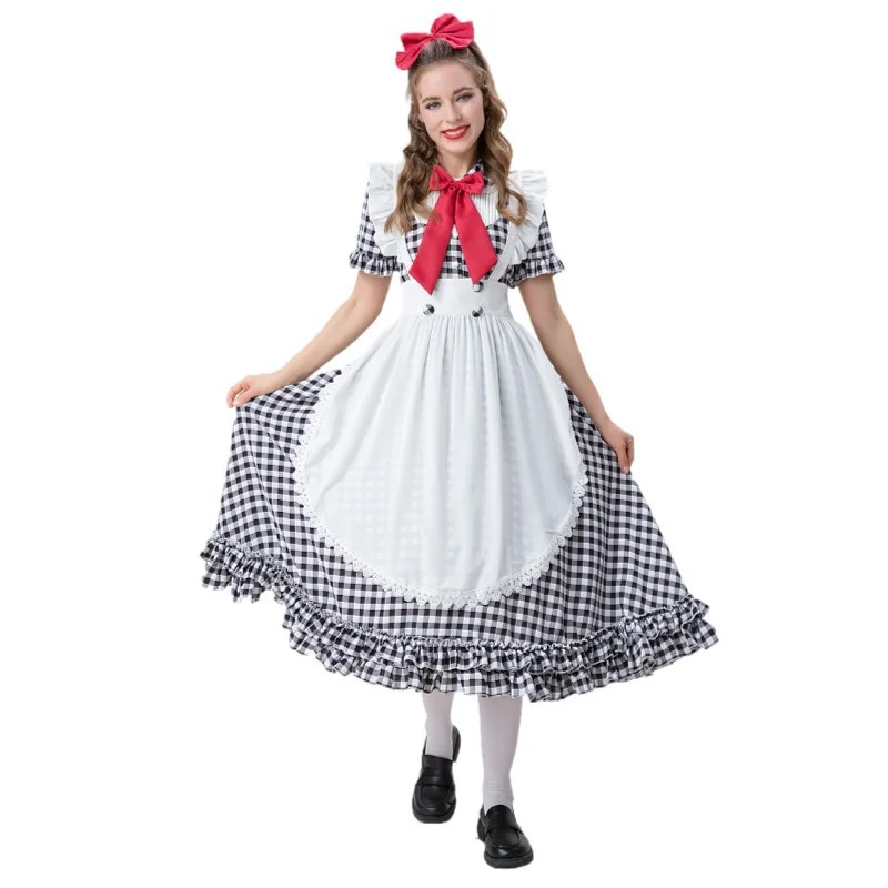 Four Color Check Lolita Maid Costume Halloween Party Cosplay Dress Up Oktoberfest Beer Maid Long Dress