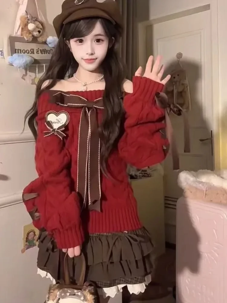Pulover Rajutan Merah Lengan Panjang Bahu Terbuka Pita + Rok A-line Renda Pinggang Tinggi Y2k Set Dua Potong Baru Musim Semi Musim Gugur