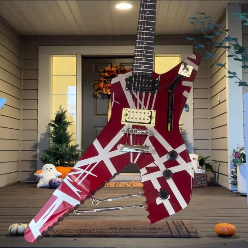 Shark Saw Electric Guitar Van Halen Tribute Red White Striped HB Floyd Rose Double Locking Tremolo Heavy Metal Hard Rock Stage