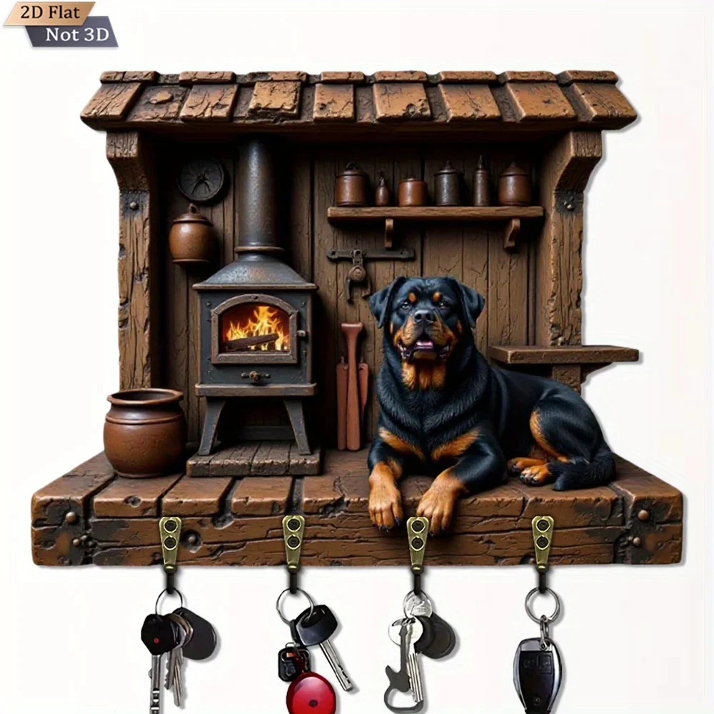 2D Flat, 1pc, Rottweiler Log Cabin Fireplace - Shaped Wooden Multi-Functional Home Key Hook Rack, with Four Metal Hooks, Wall