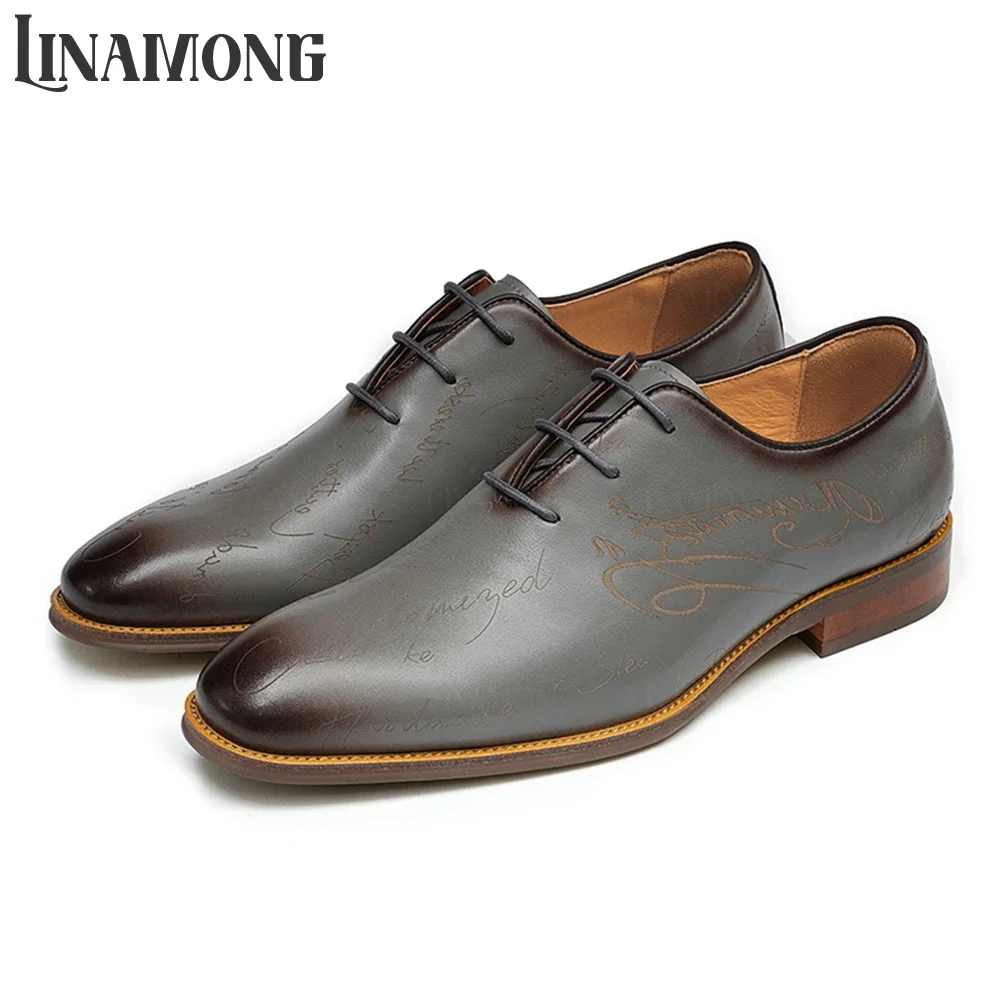 English Engraved Leather Shoes Almond Toe Lace-Up Genuine Leather Oxford Shoes Designer Style Handmade Business Dress Men Shoes