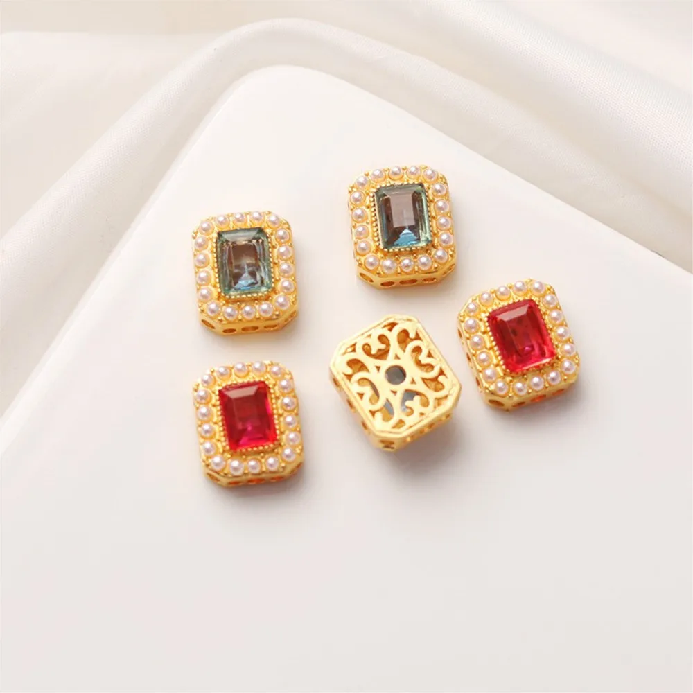 

18K Matte Gold Zircon Inlaid with Shell Beads, Rectangular Block Loose Bead, DIY Bracelet, Necklace Separated Beads, Hollow Out