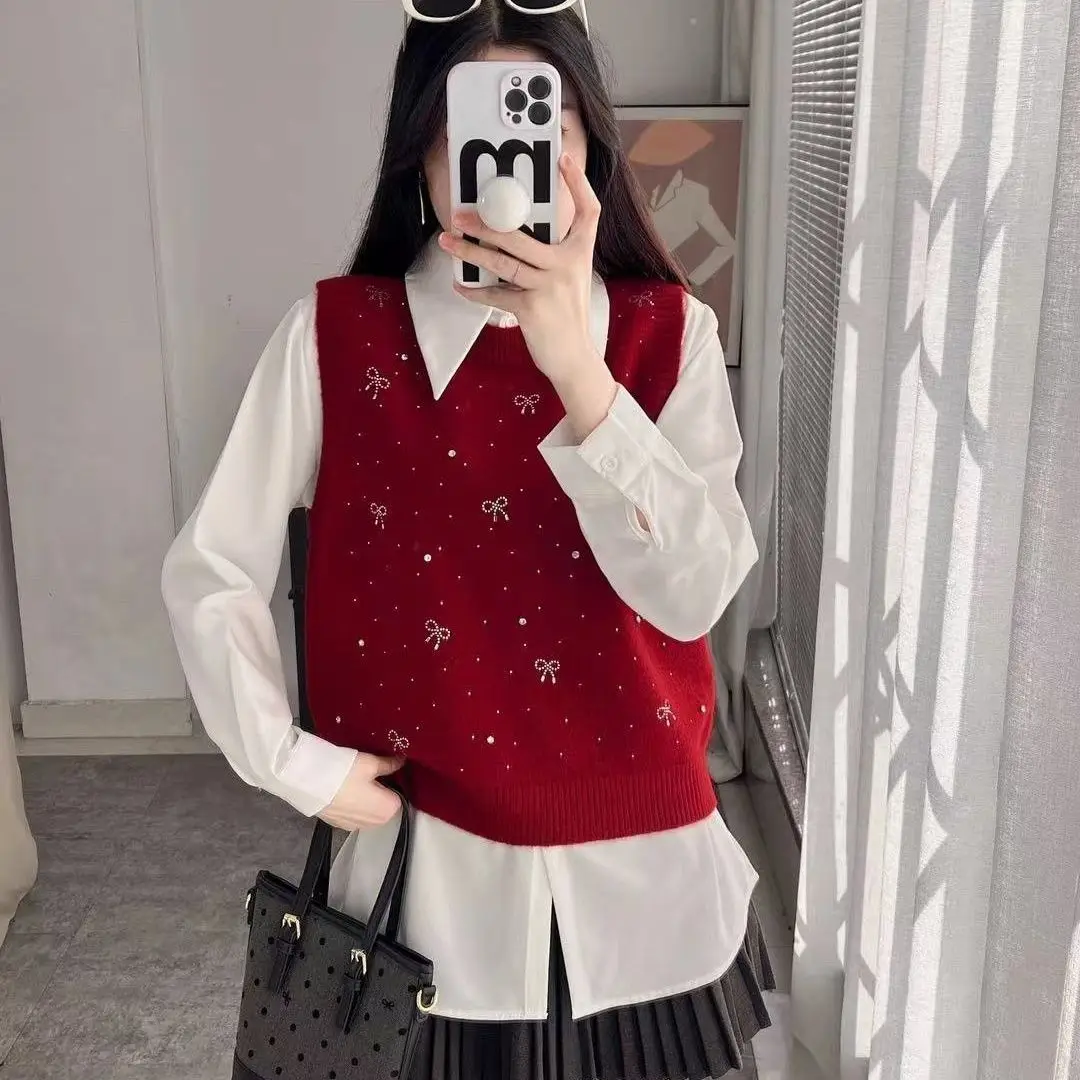 

Вязаный жилет-свитер Ele для женщин: новинка весна-осень, оверсайз, с капюшоном, V-образный вырез, с узлом, для ношения под одеждой