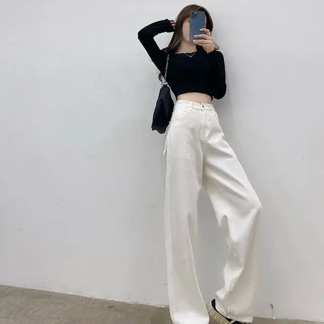 

Extended White Denim Jeans High Waist Wide Leg Pants for Taller Women Straight Cut Commute Style No Brand PU Material Cotton