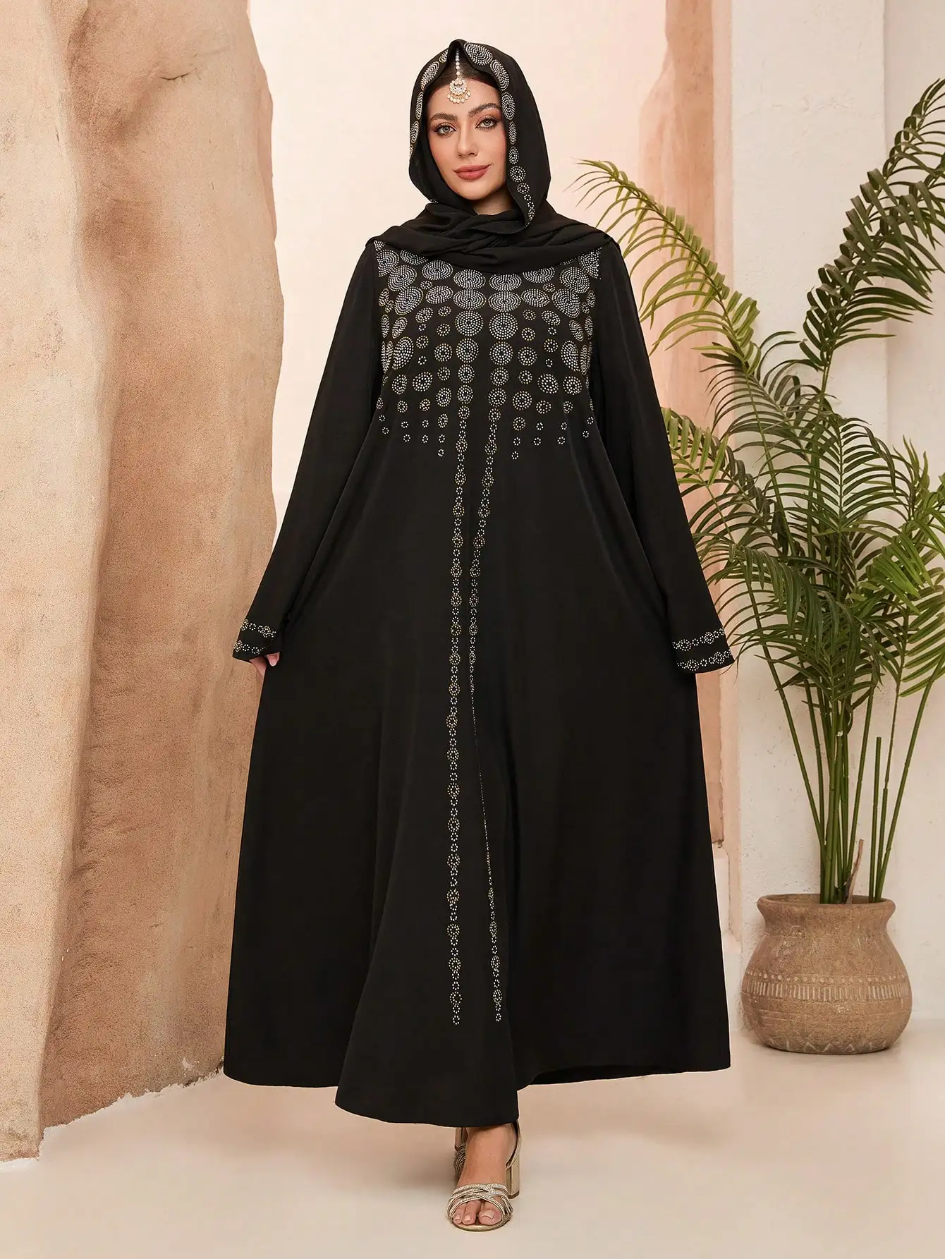 

New round neck conservative burqa with rhinestone black long-sleeved Middle Eastern robe (with scarf)
