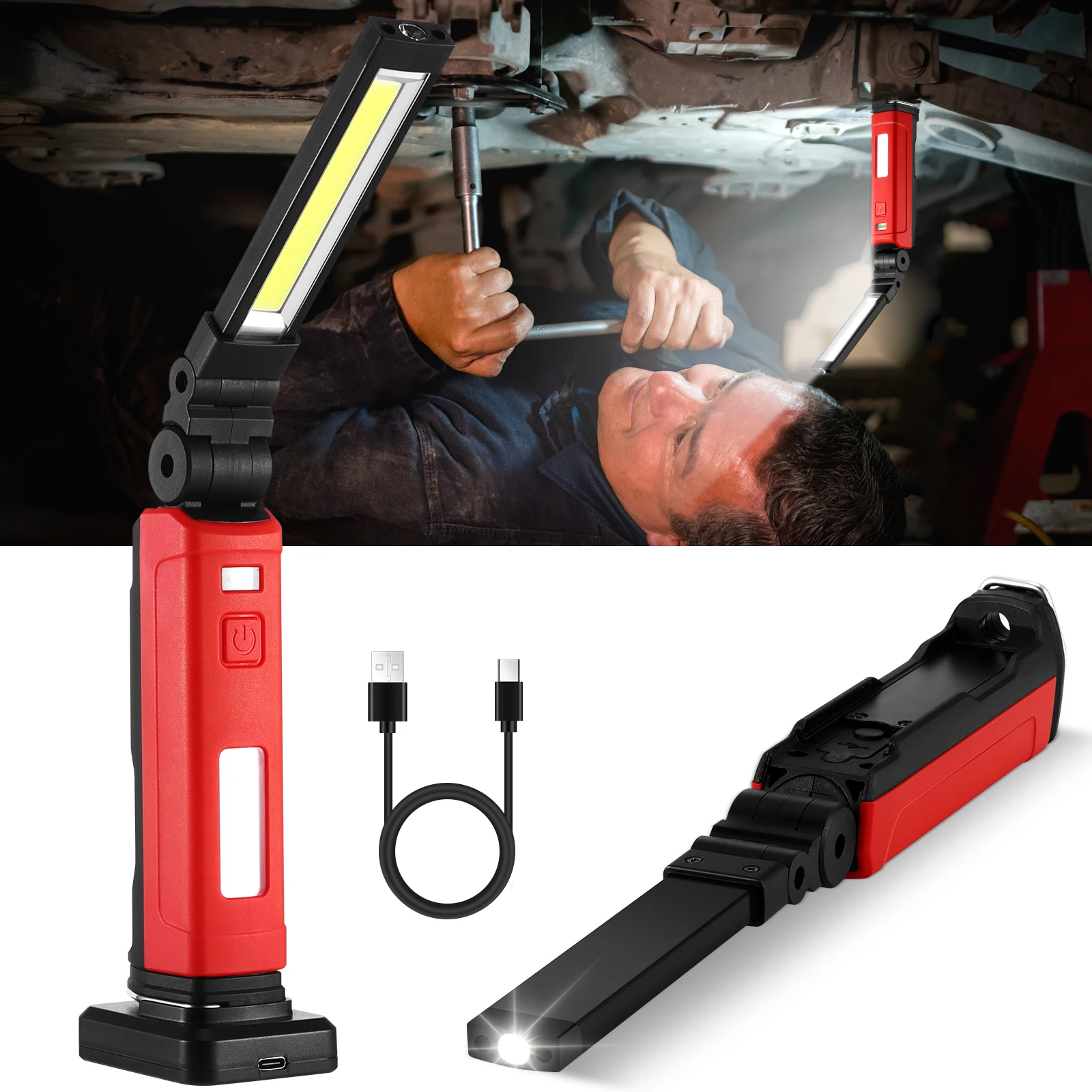 COB LED Portable Flashlight USB Rechargeable Folding Work Light With Magnetic Flashlight Inspection Lamp For Car Repair Camping