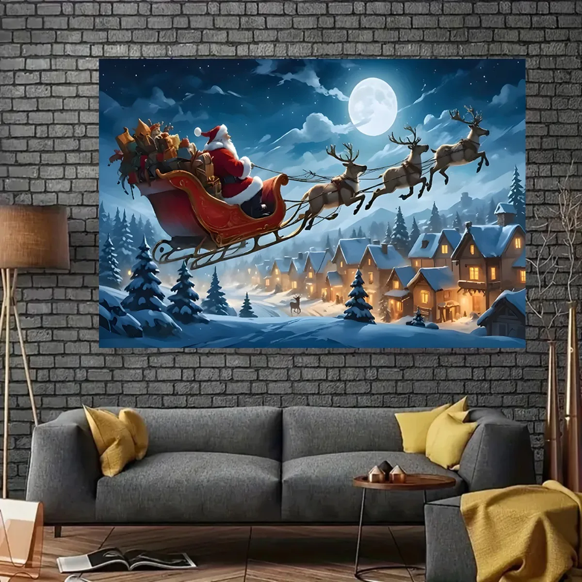 1 pancarta navideña de fondo súper grande, escena de pueblo nevado de renos y trineo de Papá Noel, tela de poliéster duradera, sin electricidad