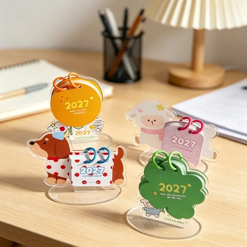 1pc 2026.9-2027.12 Acrylic Desk Calendar Mini Tabletop Loose-Leaf Calendar Dachshund Sheep Desktop for Office Home Decoration