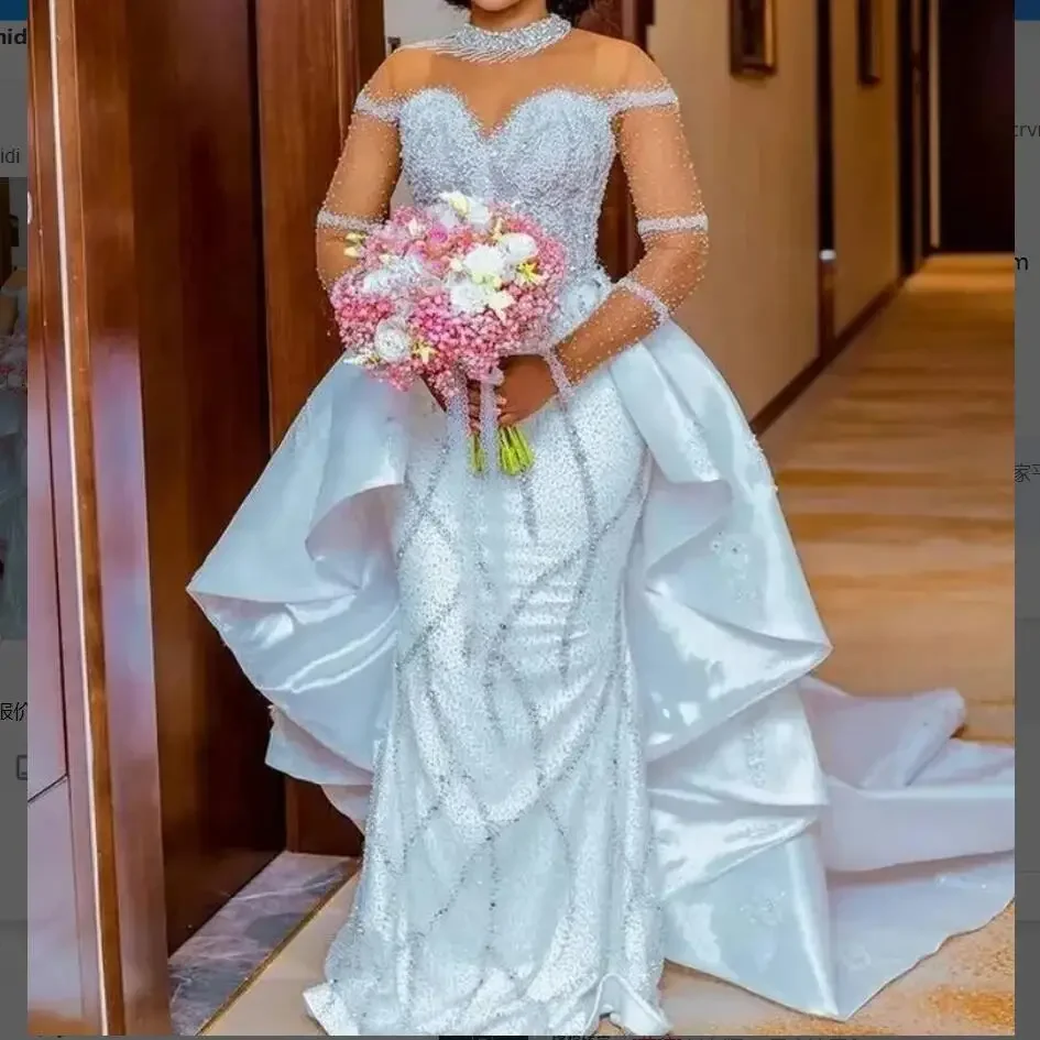 Vestido de novia personalizado con cuentas de perlas pesadas brillantes y cuello alto para novia, vestido de novia de manga larga de sirena, tren extraíble