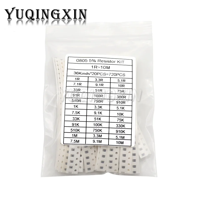 SMD Chip Assorted Resistor Kit, Resistance Sample Set, 1 ohm a 10m, 5% 0603 0805 1206, 36valuesX20Pcs = 720Pcs, 720Pcs