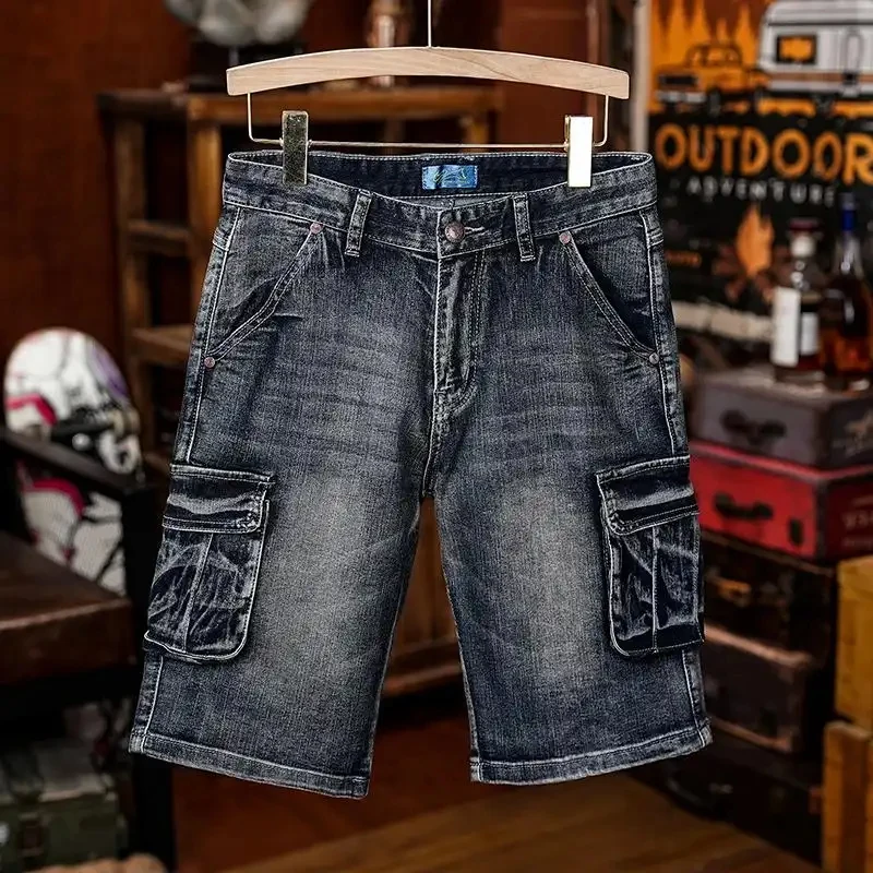 

Men's Vintage Style Black Gray Cargo Denim Shorts, Loose Jeans with Many Pockets in Retro Style, Casual Streetwear Summer Shorts