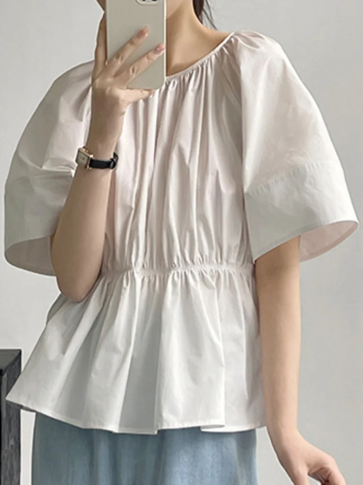 

Women Back Hollow Out Lace-up Shirt Short Sleeve Pleated White Causal Loose Fit Blusas Fashion 2023 Summer New Tide Tops Y682
