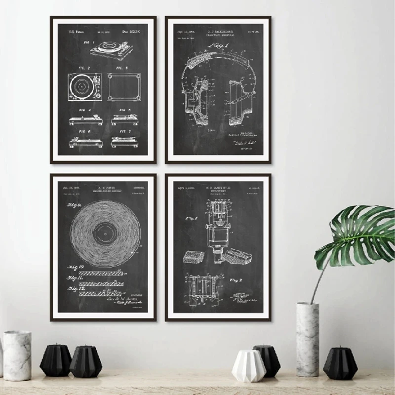 Dj Equipment Patent Wall Art Posters Prints Canvas Painting Dj Headphones Turntable Dj Microphone Pictures Modern Home Decor