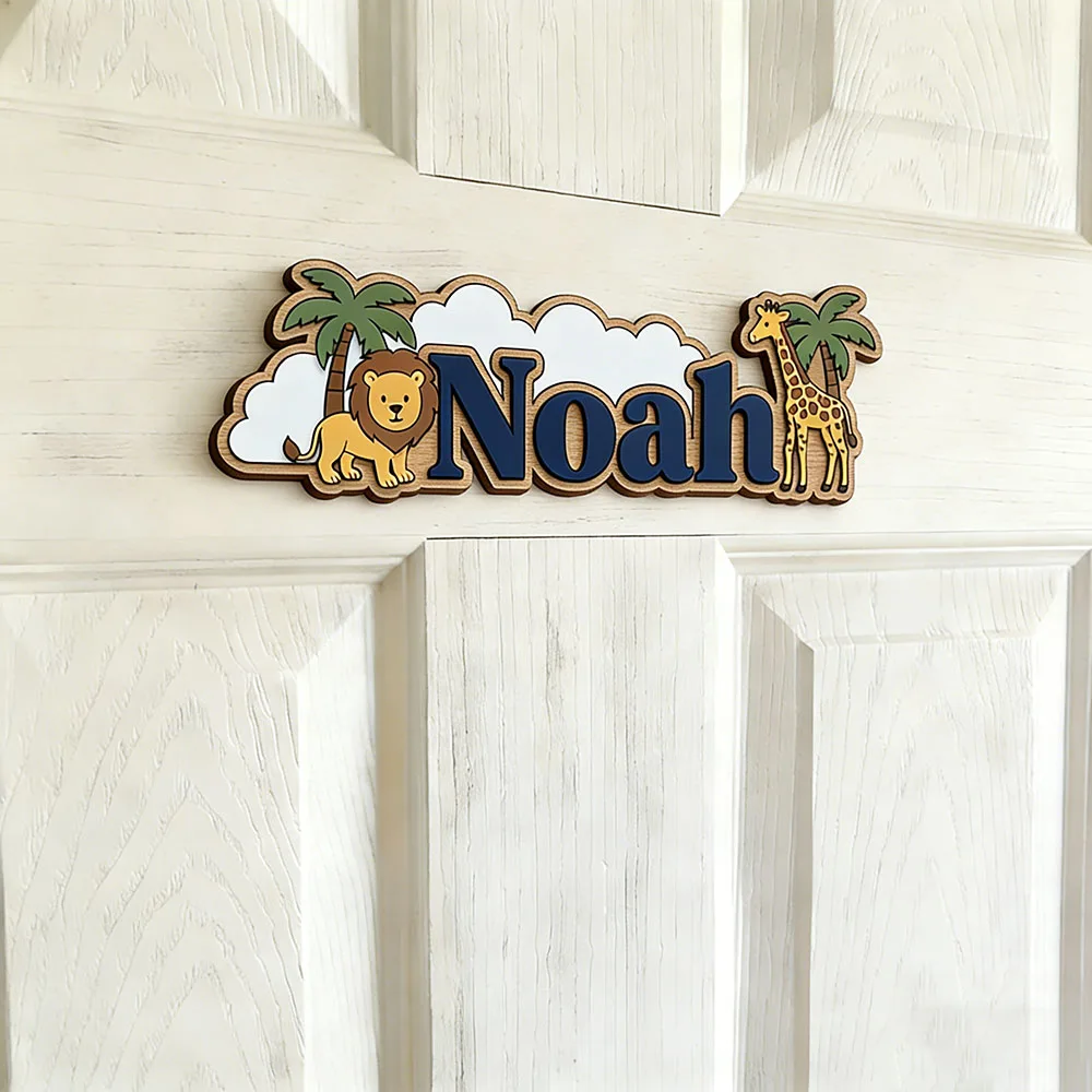 Whimsical Jungle Friends Custom Name Plaque, Cute Lion & Giraffe 3D Wooden Sign, Unisex Kids Room Decor, Tropical Safari Nursery view 6