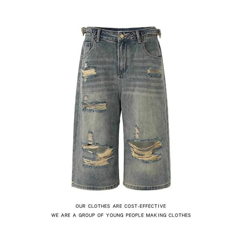 

American Street Sle Ripped Wide Leg Jeans orts Men's Vintage Waed Loose High Street Seven-Foot Straight Tube Mid-Pants