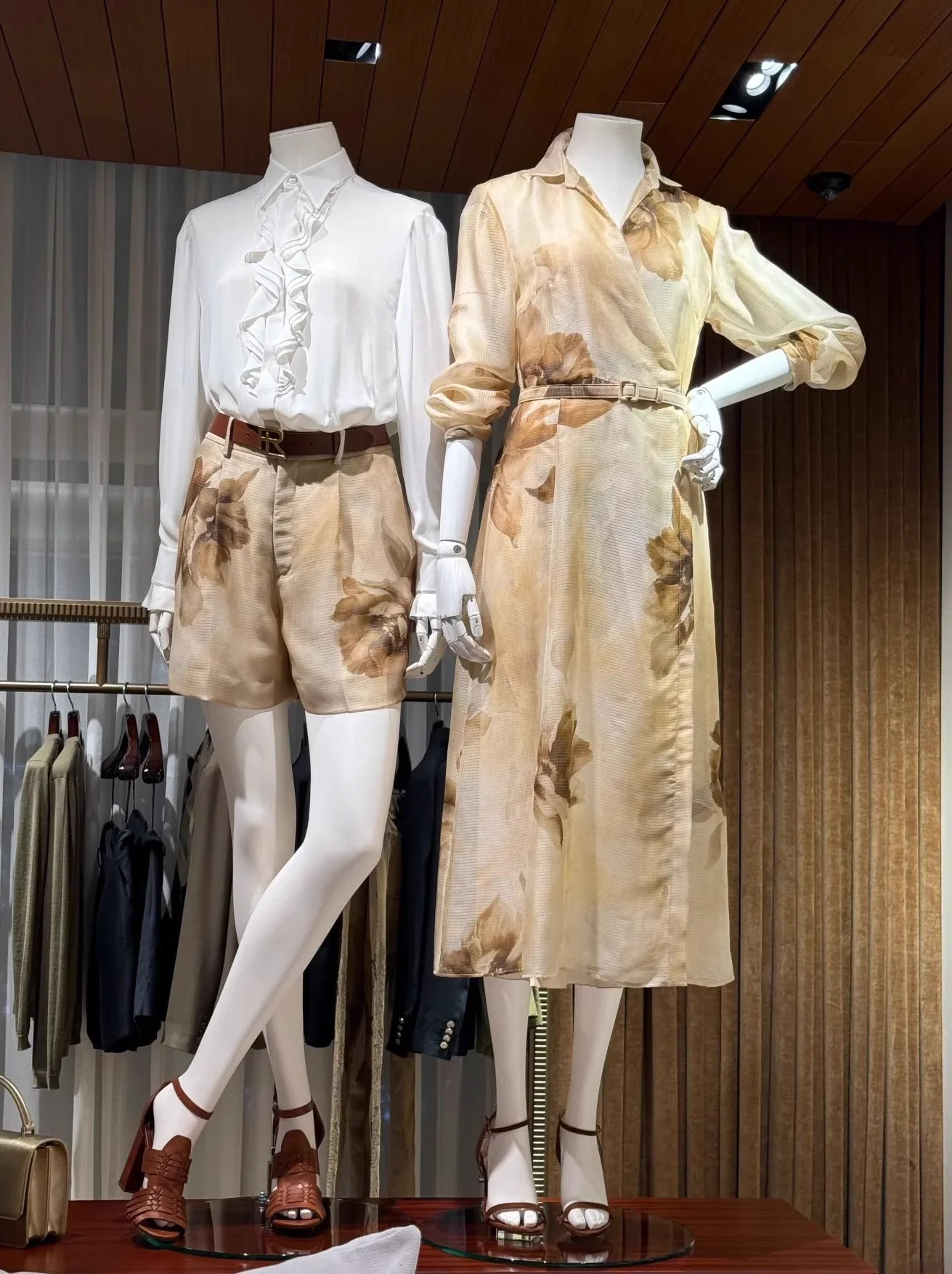 

2025 Summer Women's Clothes Fashion Apricot Shirt Dress Elegant Ladies Printed Silk Dress With Belt