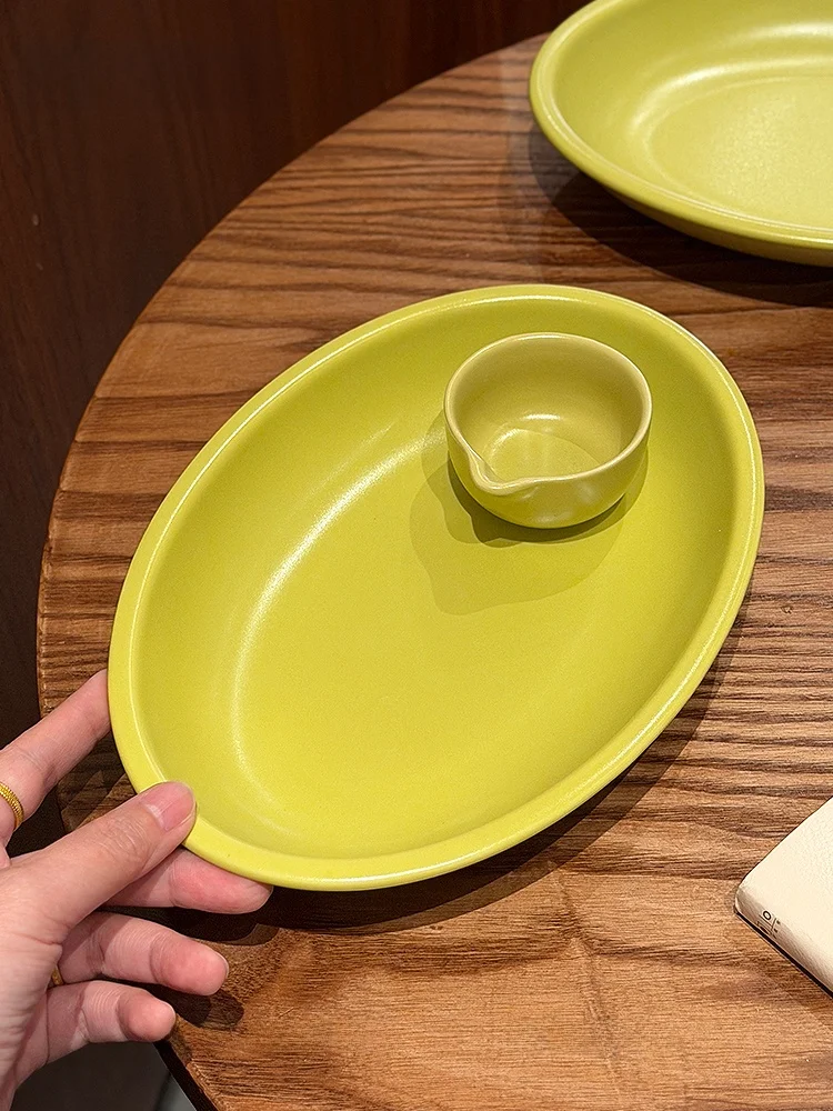 mustard-yellow-underglaze-oval-dish-high-temperature-resistant-salad-plate-fish-plate-western-dining-deep-dish-ceramic-handmade