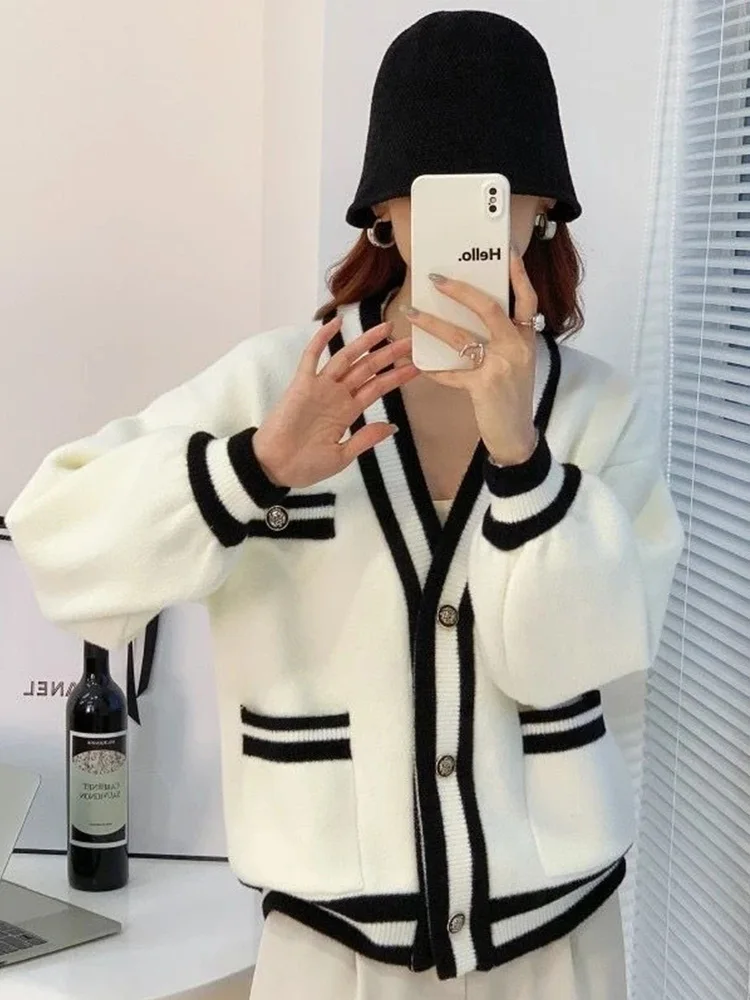 

Американский ретро V-Ne цветной трикотаж, пальто, женская свободная осенняя верхняя одежда, утягивающий студенческий открытый кардиган